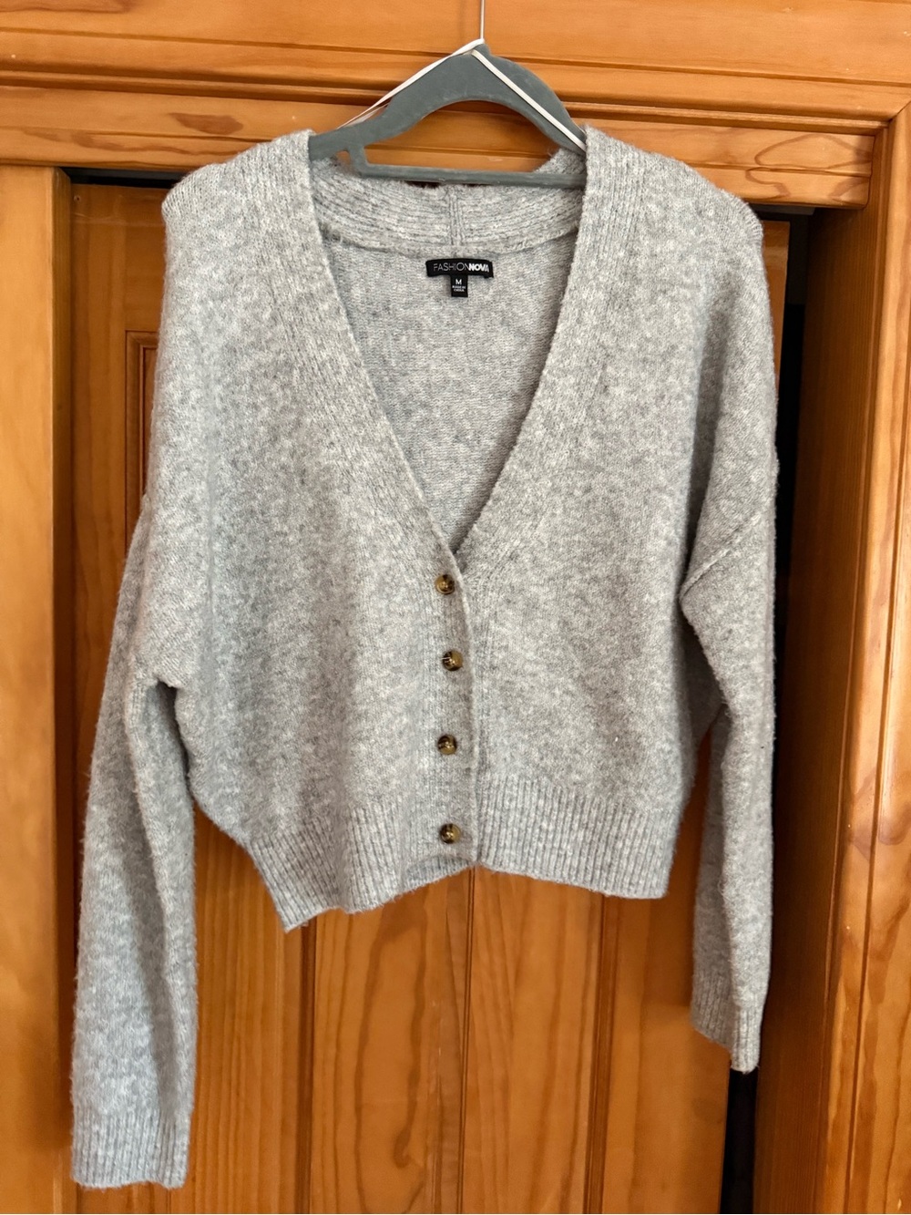 Fashion Nova Light Gray V-Neck Button Cardigan